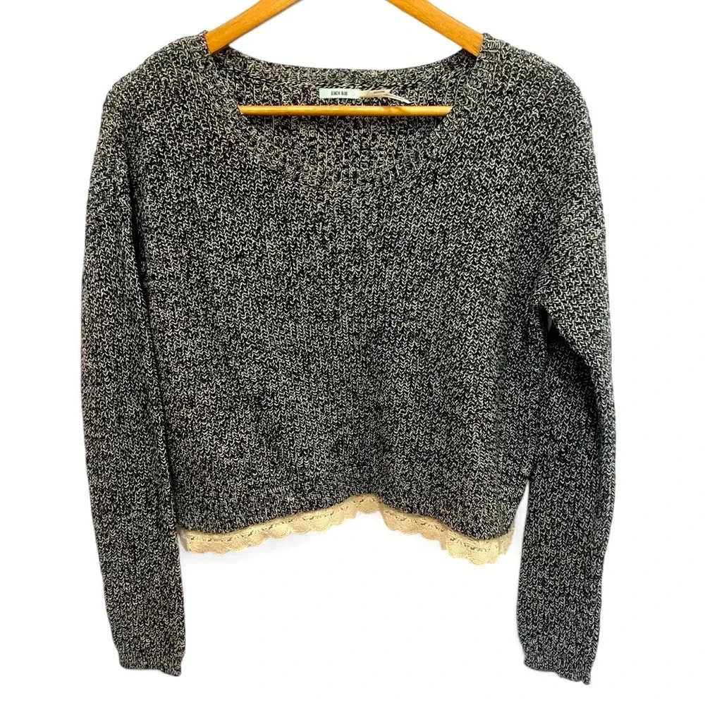 Kimchi Blue for Anthropologie Black Ribbed Knit Lace Trim Sweater Size Small